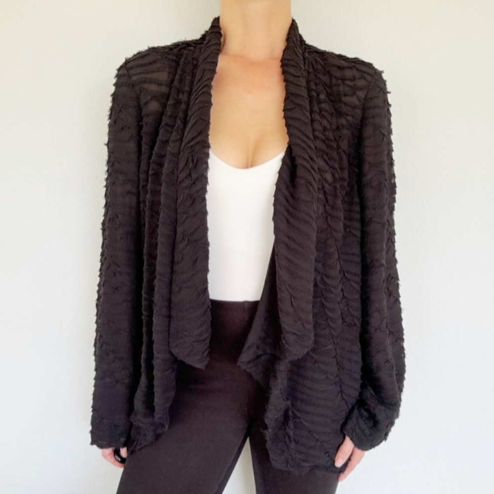 Eileen Fisher black silk sheer textured waterfall drape cardigan size large